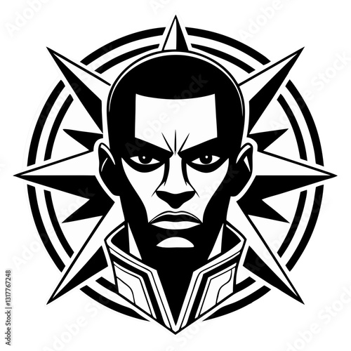 a serious expression of a man with bald head in a geometric design with a star-shaped background