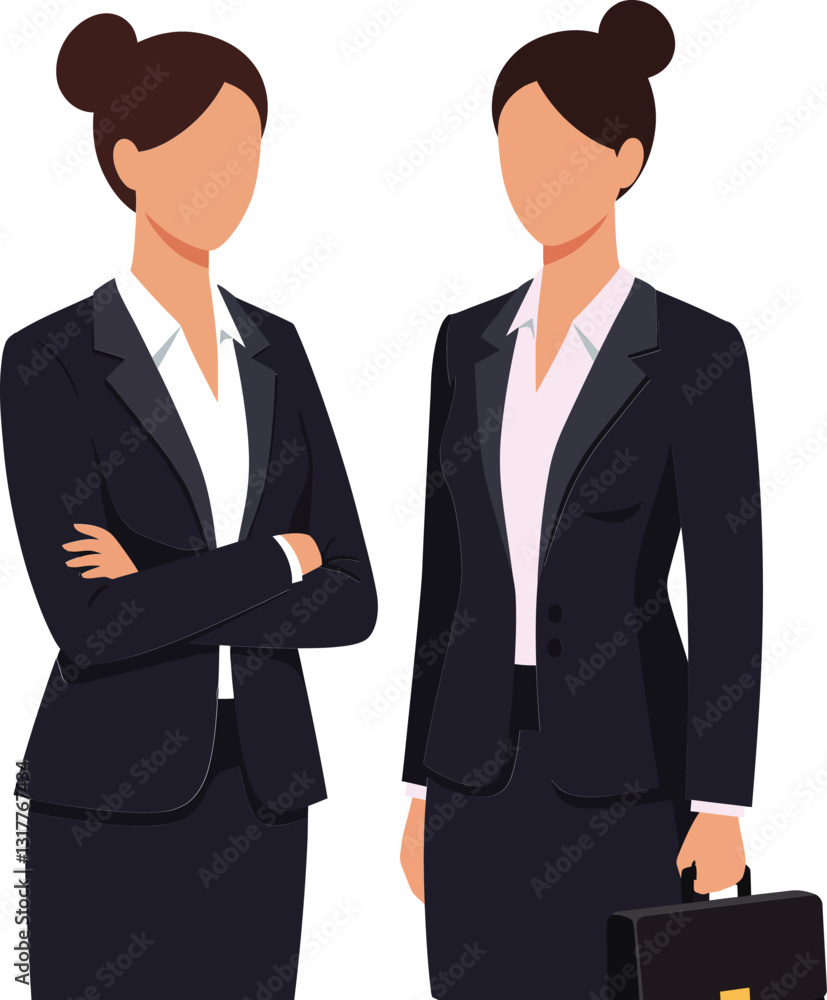 Two professional women in business suits engaging in conversation with a confident demeanor in a flat vector illustration Two professional women in business suits engaging in conversation with a confident demeanor in a flat vector illustration