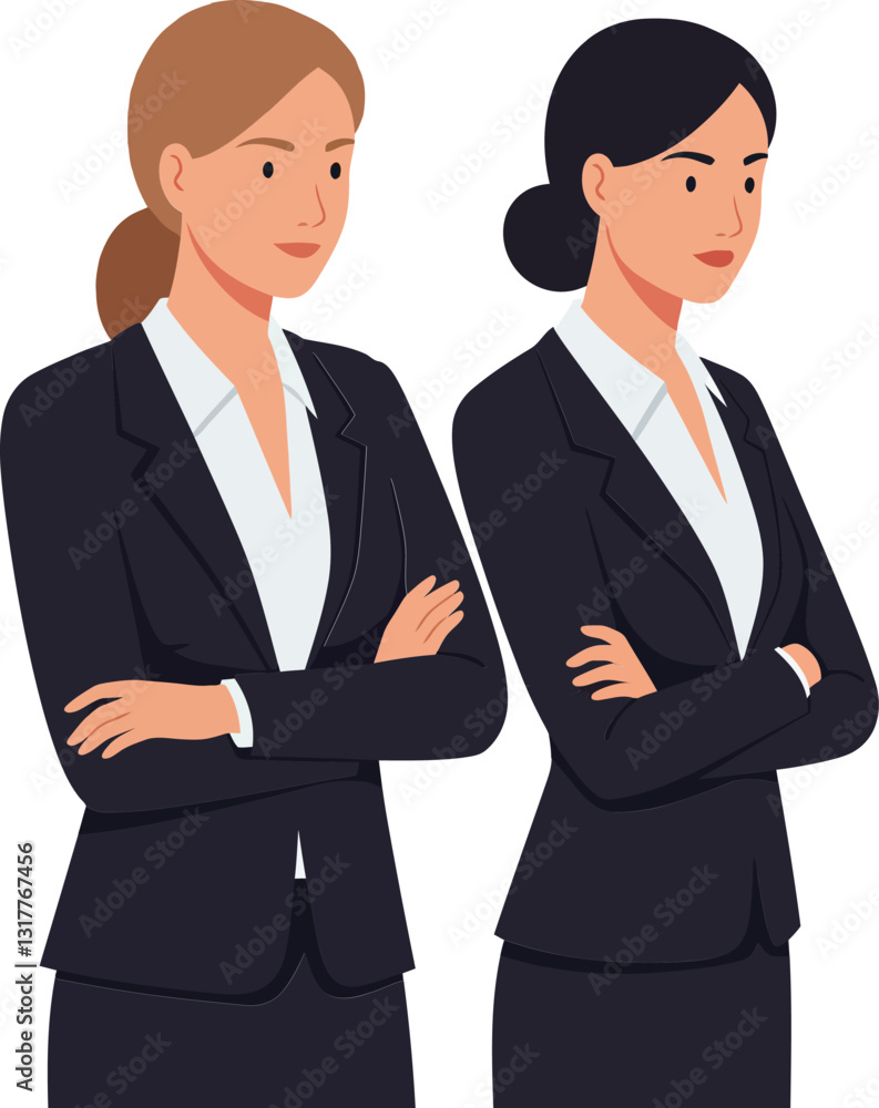 Professional women in stylish suits with arms crossed, showcasing confidence and determination in a minimal vector illustration Professional women in stylish suits with arms crossed, showcasing confidence and determination in a minimal vector illustration