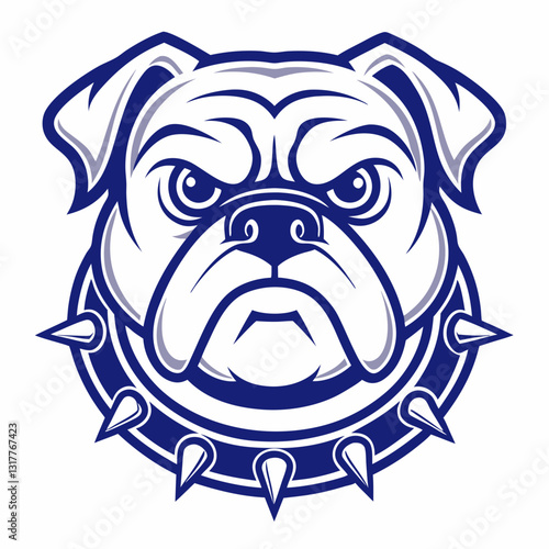 a blue bulldog's mascot head with a spiked collar and a fierce expression, ready to represent a team, vector illustration