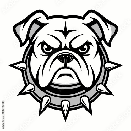 a bold, stylized illustration of a bulldog's mascot face, featuring sharp details and a spiked collar. It's a powerful design, perfect for various applications, vector illustration