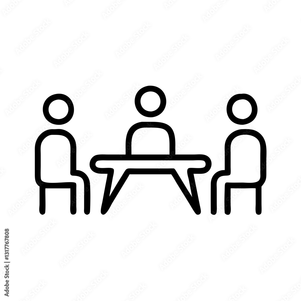 minimalist line drawing depicts a business meeting with three individuals seated at a table, engaged in discussion, vector icon illustration