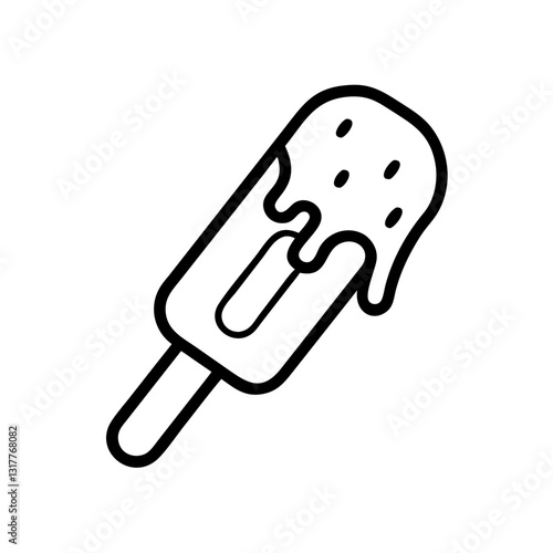 a black and white vector icon illustration of a melting popsicle on a stick, a summer treat that drips delicious sweetness