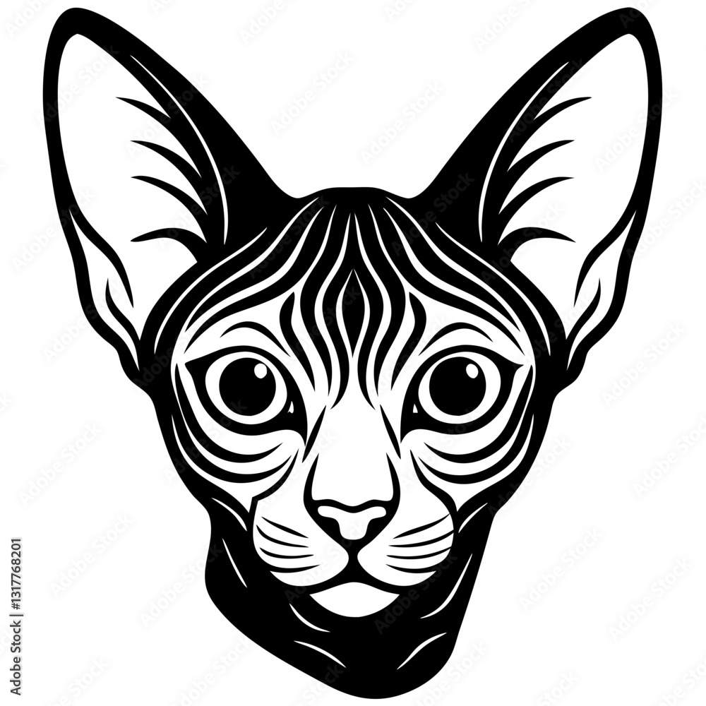 a black and white vector illustration of a Sphynx cat head, with its distinctive wrinkly skin and large ears, staring forward a black and white vector illustration of a Sphynx cat head, with its distinctive wrinkly skin and large ears, staring forward