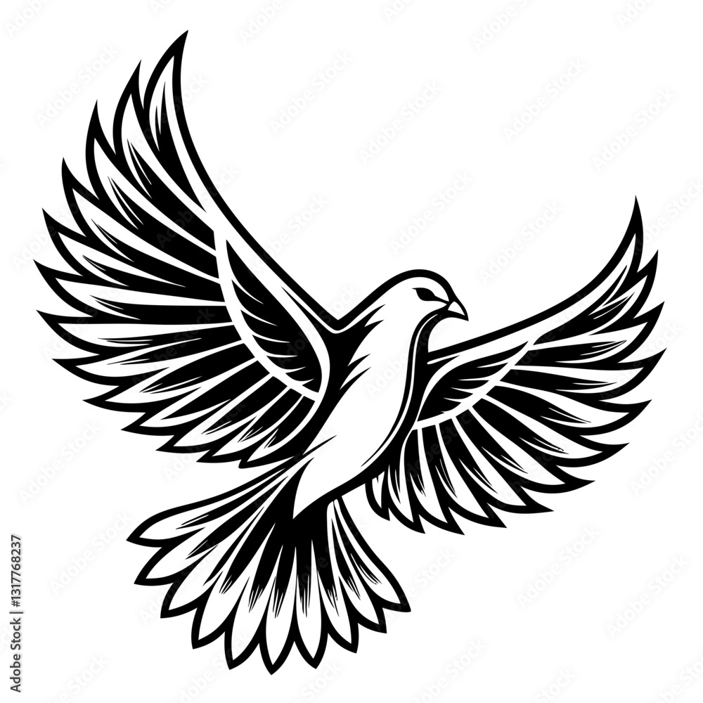 Obraz premium vector illustration of a dove in full flight, wings spread wide, symbolizing peace and freedom, created with clean lines