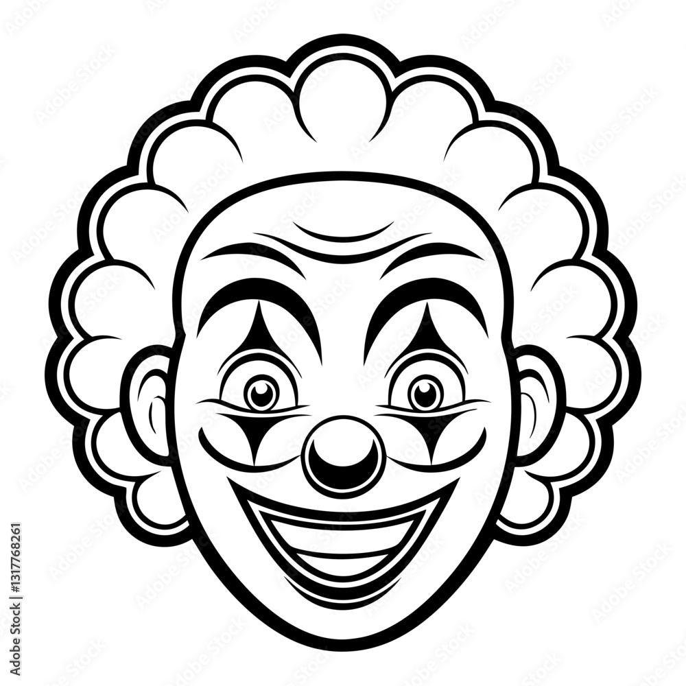 a black and white vector illustration of a smiling clown face with a happy expression. The clown has curly hair and a round red nose. a black and white vector illustration of a smiling clown face with a happy expression. The clown has curly hair and a round red nose.
