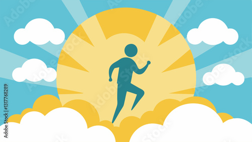 Running Person with Clouds A silhouette of a person jogging surrounded by fluffy white clouds and rays of sunshine symbolizing a clear mind and uplifting mood.