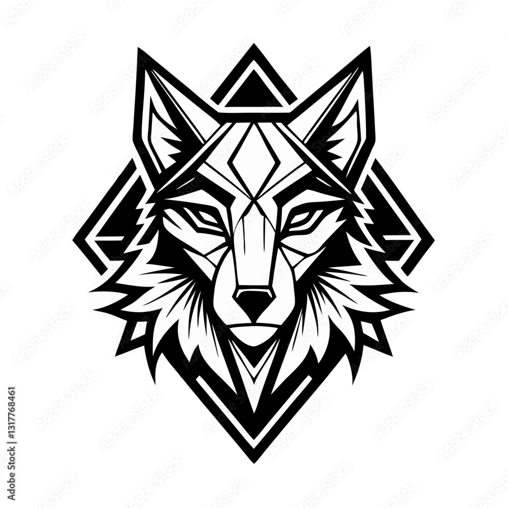 Fototapeta premium a graphic of a wolf with a geometric design. The wolf is surrounded by a black geometric shape, showcasing a minimalist and artistic illustration