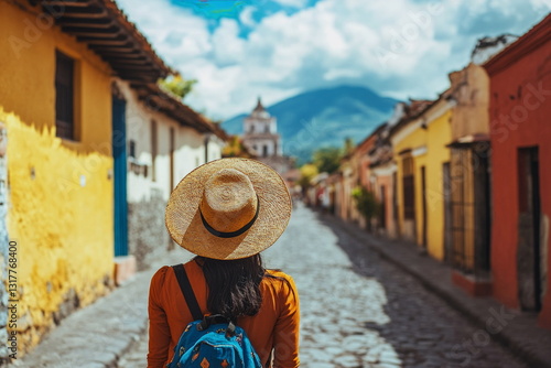 Tourist walking on cobblestone street in Antigua Guatemala, surrounded by colonial buildings and volcano view. Colorful travel scene, Central America, Latin culture.

