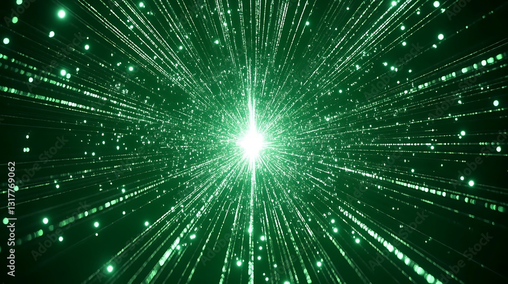 Green glowing particles radiate outwards from a bright center point Green glowing particles radiate outwards from a bright center point