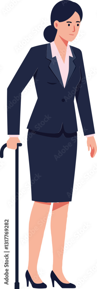 Confident businesswoman in a tailored suit using a cane standing elegantly, flat design vector illustration