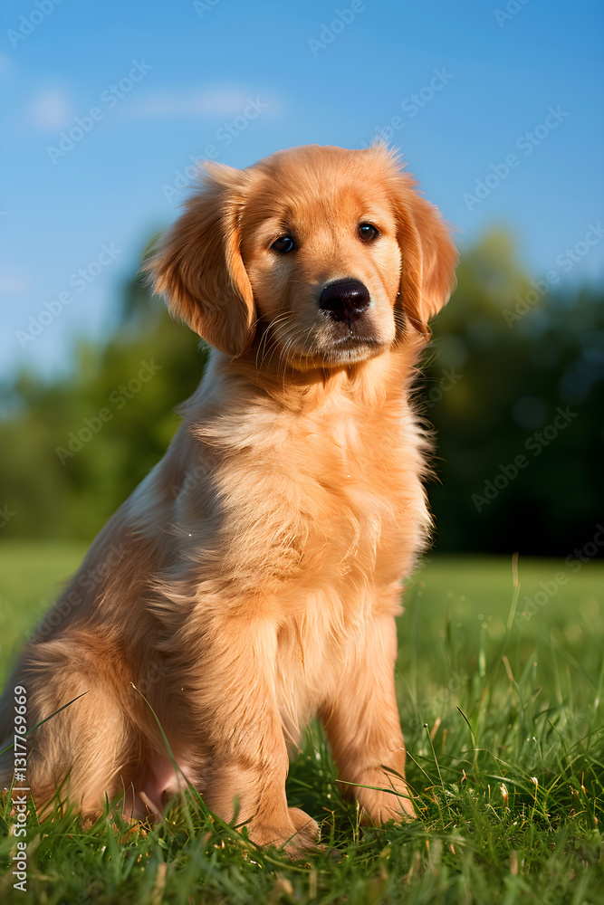 Adorable Golden Retriever Puppy Enjoying a Sunny Day on a Grassy Lawn Adorable Golden Retriever Puppy Enjoying a Sunny Day on a Grassy Lawn