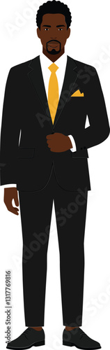 Businessman in a sleek black suit with a yellow tie and pocket square, standing confidently in a minimal vector art style