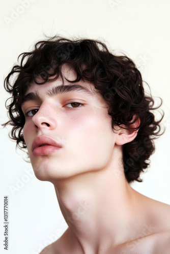Close-up portrait of a young male model showcasing his curly hair, healthy skin, and captivating gaze, embodying contemporary beauty standards