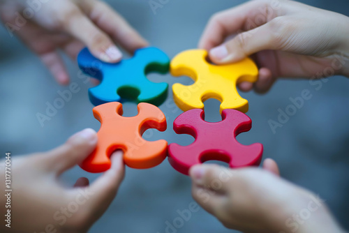 Teamwork and collaboration concept with hands holding colorful puzzle pieces photo