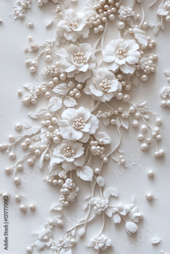 White floral arrangement, pearl accents, close-up, wedding invitation design