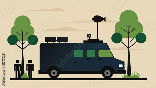 Surveillance Van Side View A sleek van parked discreetly under a tree with antennas and cameras mounted on top showing the law enforcement team inside with their equipment.