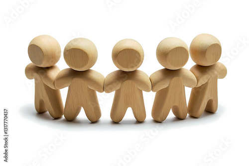 five wooden figurines standing in a semi-circle holding hands