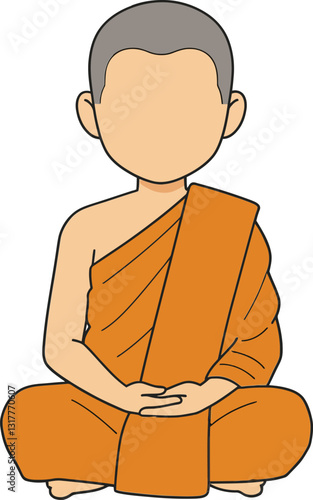 A serene monk sitting cross-legged in an orange robe with a minimalist design, radiating tranquility and peace in vector art