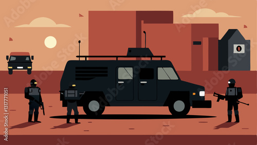 Tactical Vehicle A SWAT vehicle parked in a training area with officers preparing to embark on a mock operation depicting the tactical environment and equipment readiness.