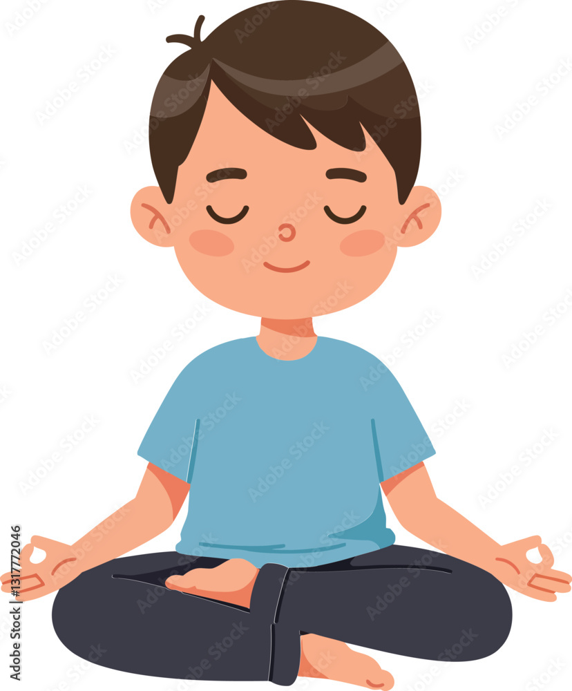 Young boy practicing mindfulness with closed eyes in a serene pose, flat design vector illustration Young boy practicing mindfulness with closed eyes in a serene pose, flat design vector illustration