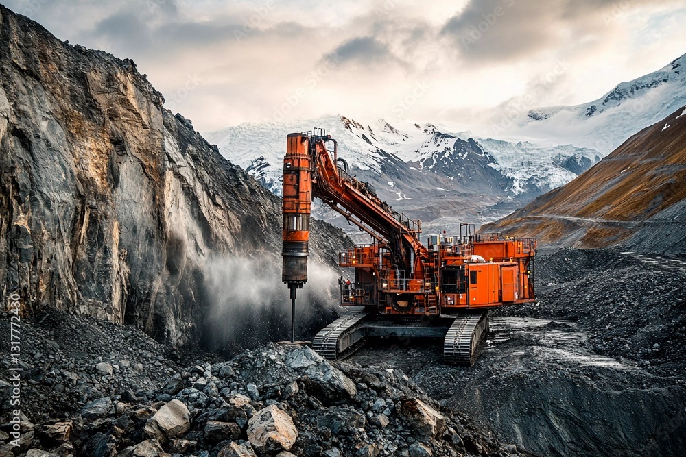 A powerful drilling machine operates on a rugged mountainside, breaking through boulders and dirt amidst a dramatic landscape of peaks and clouds A powerful drilling machine operates on a rugged mountainside, breaking through boulders and dirt amidst a dramatic landscape of peaks and clouds