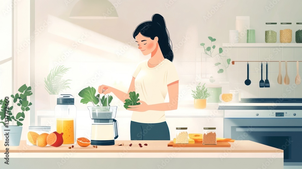 Preparing a Healthy Smoothie in a Bright, Modern Kitchen with Fresh Ingredients and Greenery Preparing a Healthy Smoothie in a Bright, Modern Kitchen with Fresh Ingredients and Greenery