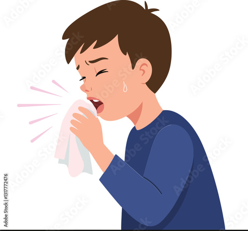A young boy with brown hair sneezing into a handkerchief while showing signs of discomfort in a flat vector illustration
