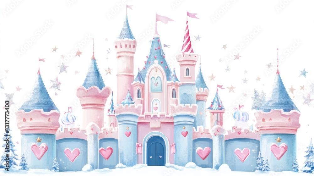 Naklejka premium Winter fairytale castle, snowy scene, whimsical design, children's decor