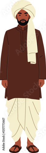 Traditional man in brown kurta and white dhoti wearing sandals, standing confidently in a minimal flat design vector illustration