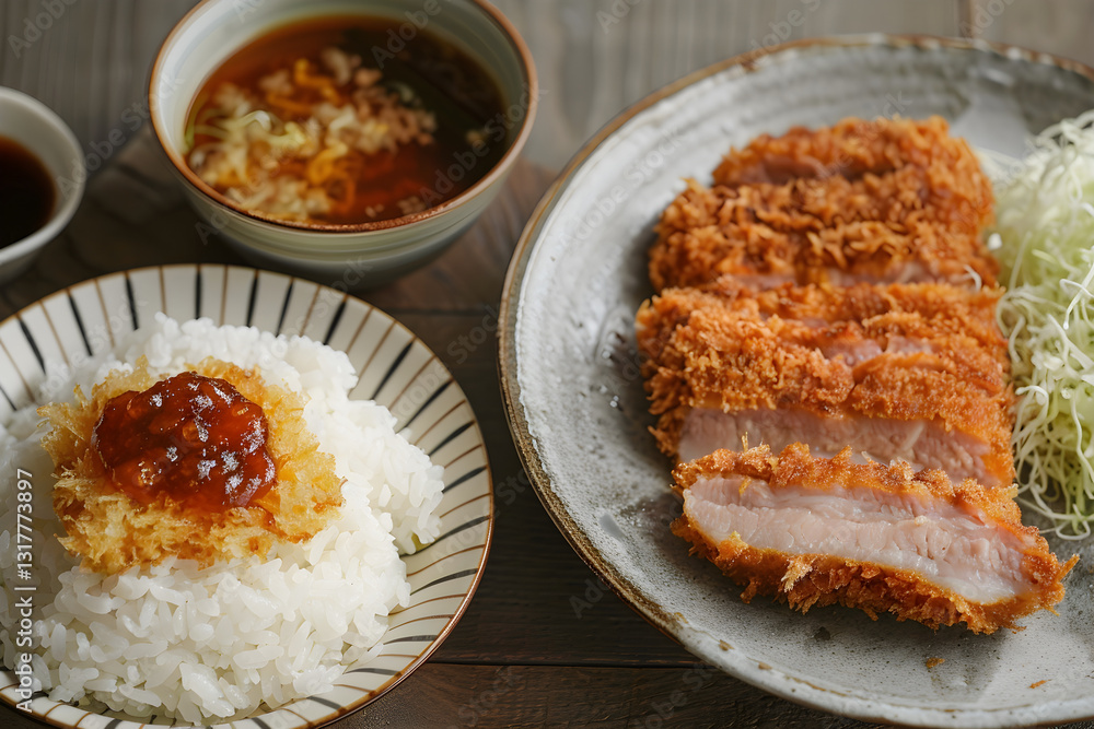 Step-by-step Preparation of a Delicious Tonkatsu Dish, Served with Steamed Rice and Miso Soup - A Traditional Japanese Culinary Delight 