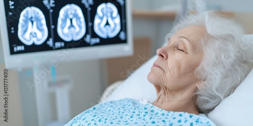 Elderly woman resting in hospital bed with MRI scan of brain displayed in background