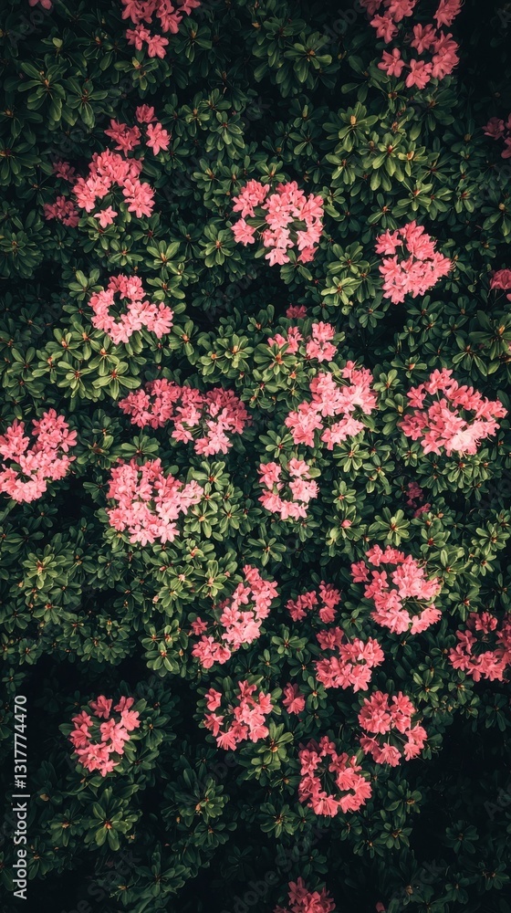 Obraz premium A vibrant overhead shot captures a dense cluster of pink flowers nestled amongst lush green foliage. The rich colors and textures create a captivating natural scene.