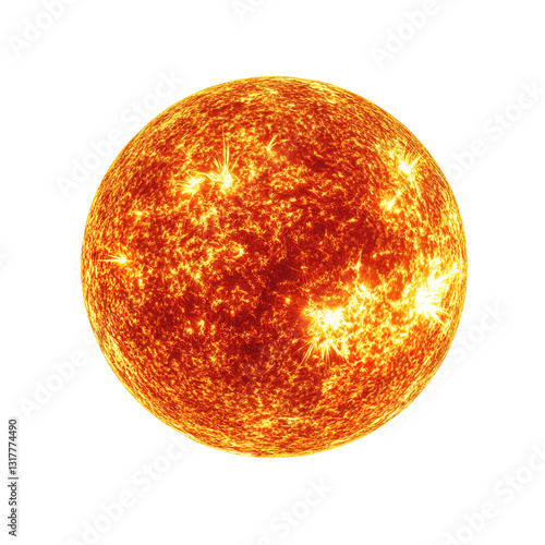 Close up of a sun with a lot of fire on it on transparent background