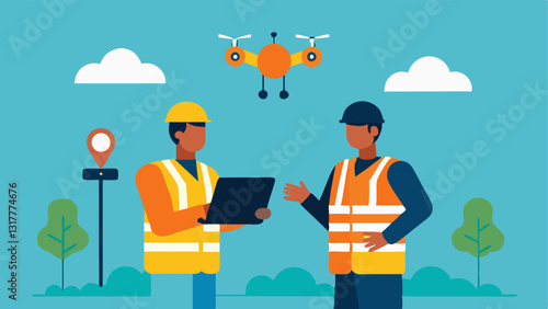 Mapping Process Two spets in safety vests reviewing a topographic map on a tablet with the drone hovering overhead collecting data.