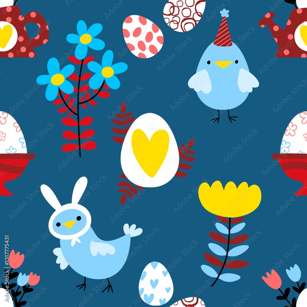 Obraz premium Easter chicken and eggs seamless birds pattern for wrapping paper and fabrics