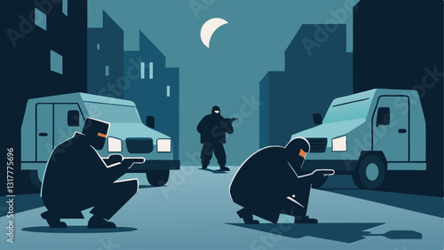 Stealth Approach Officers crouched behind vehicles communicating through hand signals as they plan their next move in a dark alley.