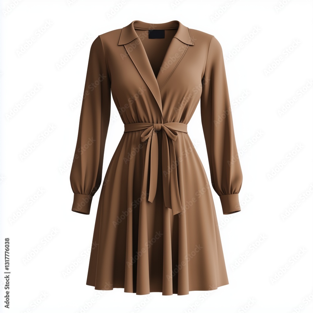 Mocha mousse, long-sleeved, button-down, A-line dress with a v-neck and a tie waist, featuring a smooth, chiffon-like texture, Mocha mousse, long-sleeved, button-down, A-line dress with a v-neck and a tie waist, featuring a smooth, chiffon-like texture,