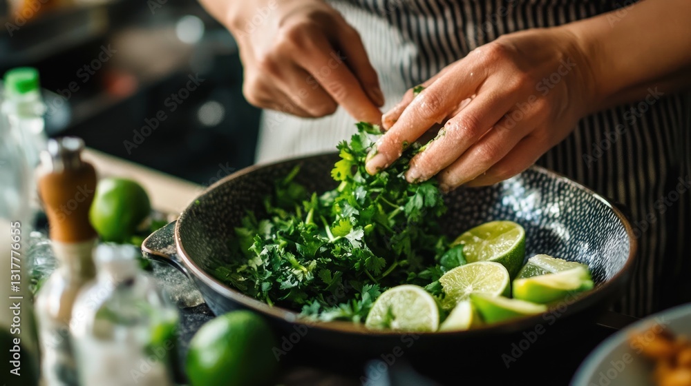 Elevated view of cook garnishing a dish with fresh chopped parsley and lime wedges Elevated view of cook garnishing a dish with fresh chopped parsley and lime wedges