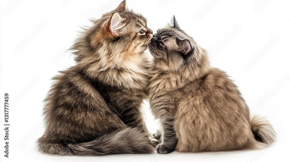 Fototapeta premium Adorable Fluffy Pomeranian and Scottish Fold Cat Sharing a Heartwarming Moment, Their Fur Gently Touching in Soft Light on a White Background - Perfect for Pet Lovers and Animal Enthusiasts