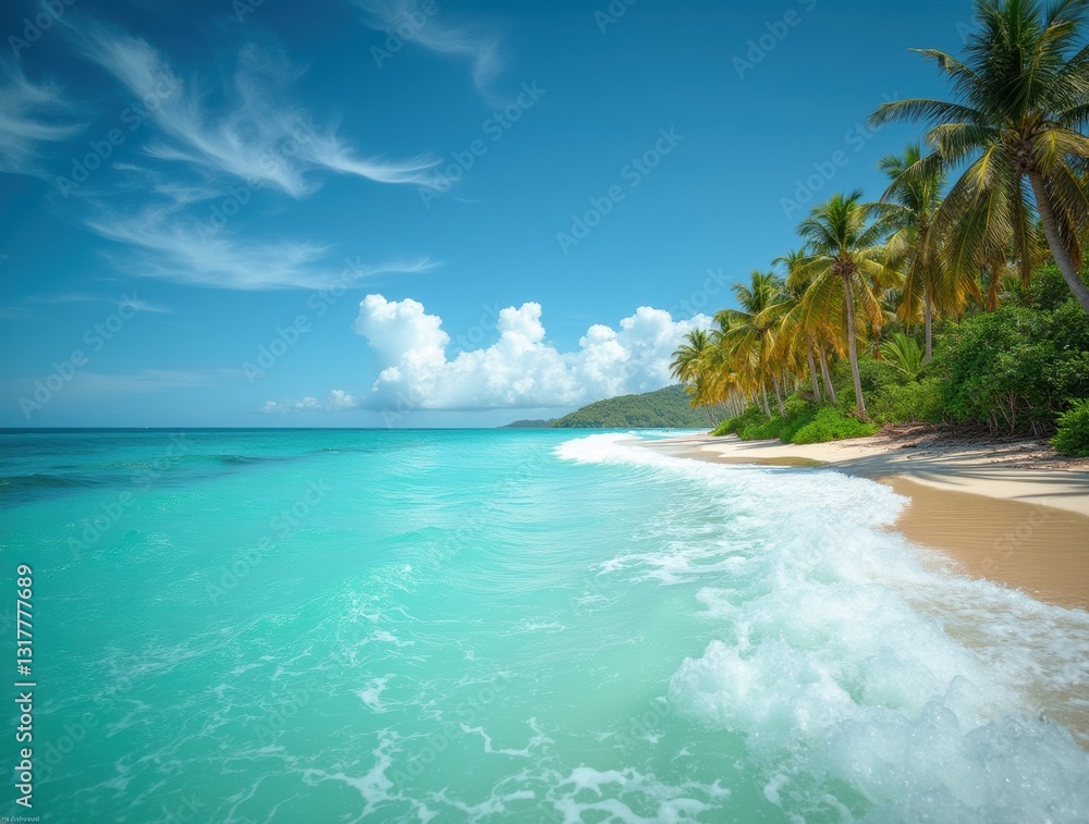 Fototapeta premium Turquoise waves flow toward a tropical beach with palms under sun, a vibrant paradise view.
