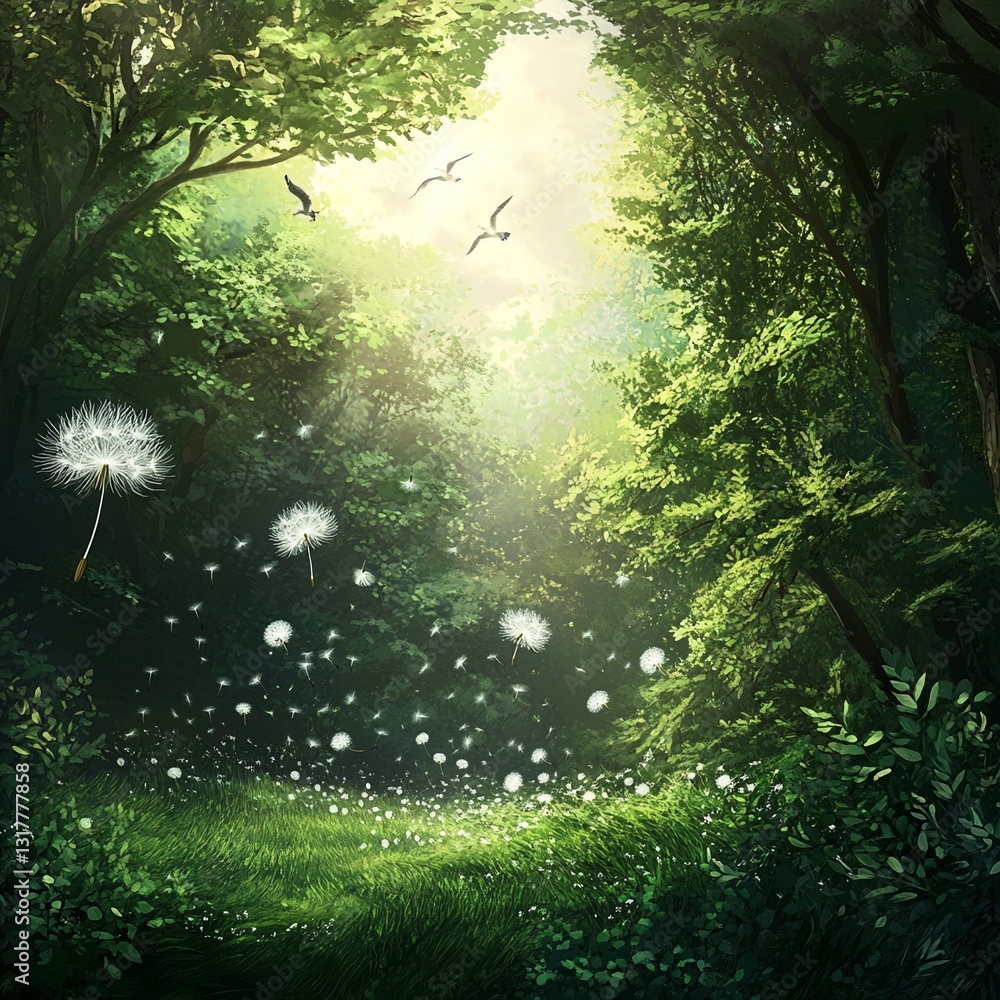 Fototapeta premium Discover the Serenity of a Lush Green Forest Bathed in Soft Morning Light, Complete with Floating Dandelion Seeds and Soaring Birds – A Hyper-Detailed Nature Scenery for Relaxation