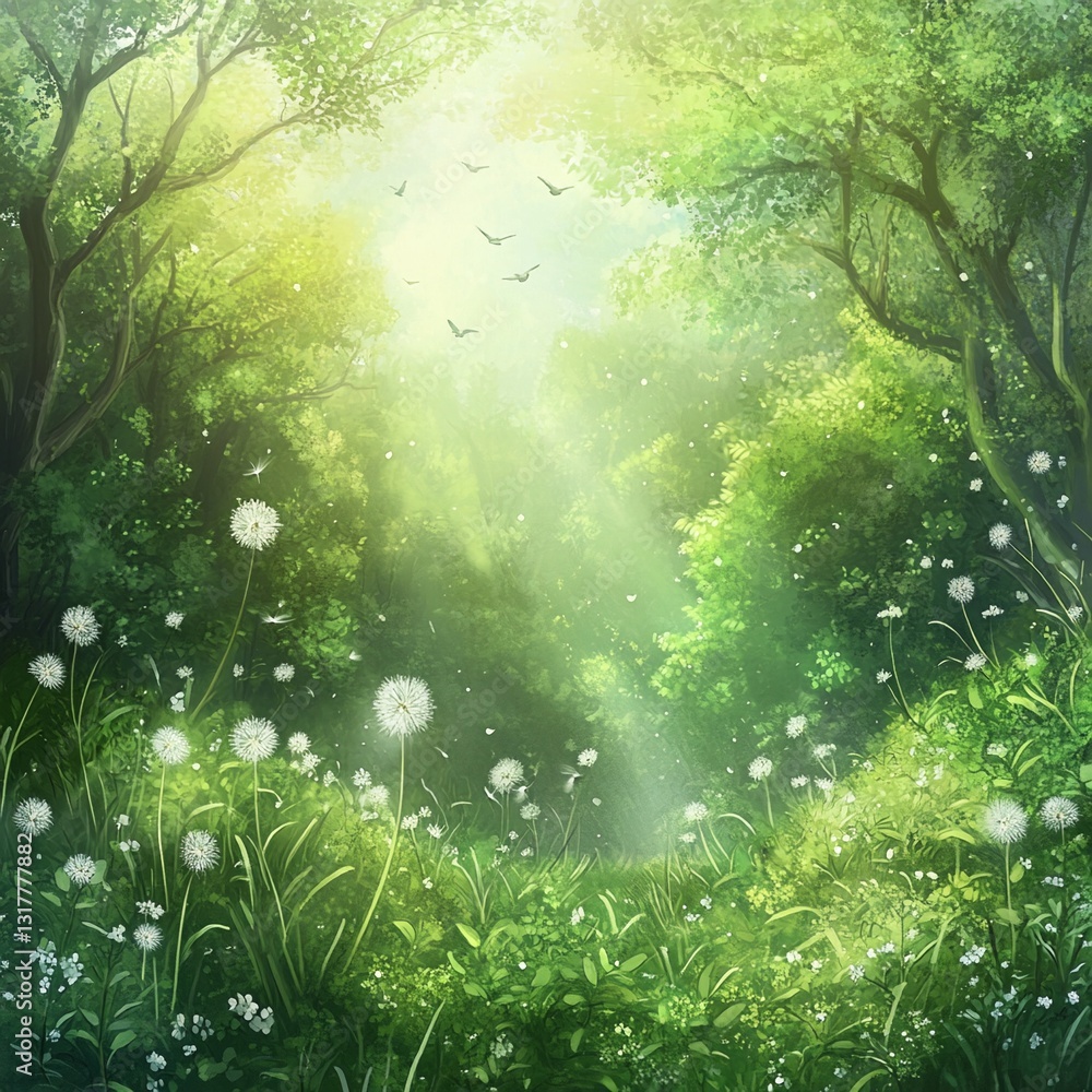 Obraz premium Discover the Serene Beauty of a Lush Green Forest Illuminated by Soft Morning Light, with Dandelion Seeds Floating Gracefully and Birds Soaring Above in a Tranquil Natural Wonderland