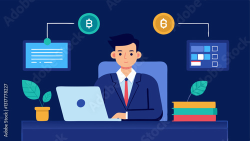 Legal Consultation Show a lawyer in a sleek office sitting at a desk with a computer reviewing blockchain diagrams and smart contract examples with books on cryptocurrency law in