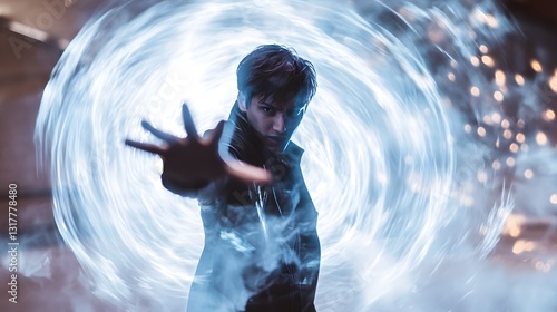 Energy Surge: A young man extends his hand toward a mesmerizing swirl of energy, possibly a portal or force field, emanating vibrant blue hues.