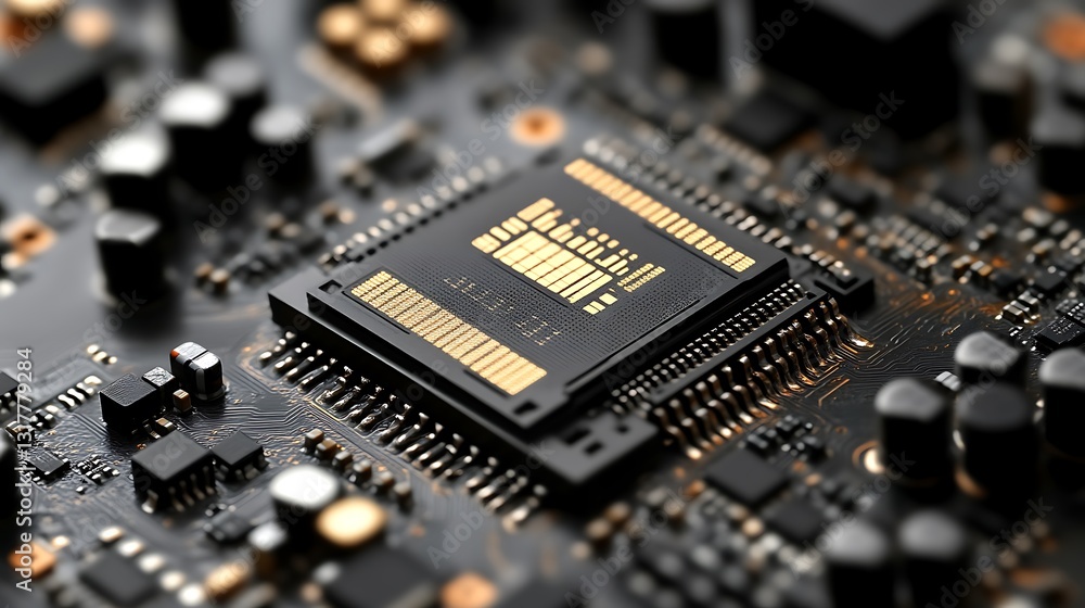 Detailed image of a computer circuit board and a processor chip Detailed image of a computer circuit board and a processor chip