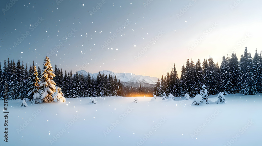 Fototapeta premium Panoramic Snowy Winter Wonderland with Pine Forest During Golden Hour Sunset and Gently Falling Snow