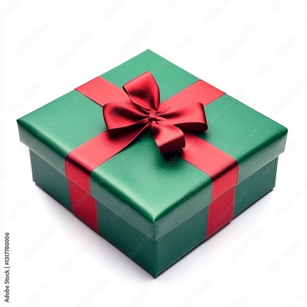 Fototapeta premium Stunning Christmas Gift Box with Festive Red and Green Wrapping, Elegant Ribbon - Capture the Essence of the Holidays with This Isolated High-End Product Shot in Ultra-HD Quality