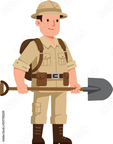Adventurous explorer in khaki outfit holding a shovel with a confident smile in a flat vector illustration