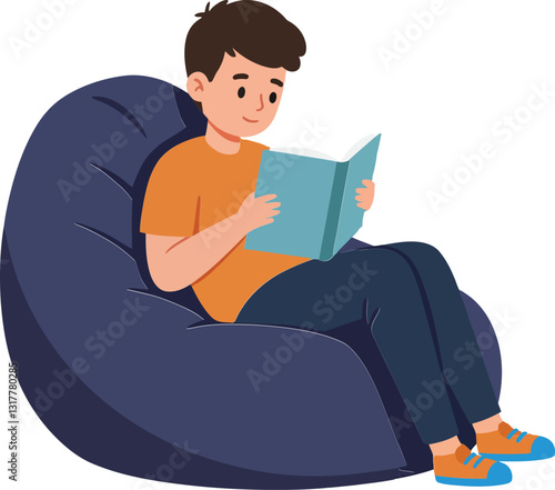 A young boy reading a book while sitting comfortably on a large bean bag in a cozy and relaxed setting, flat vector illustration
